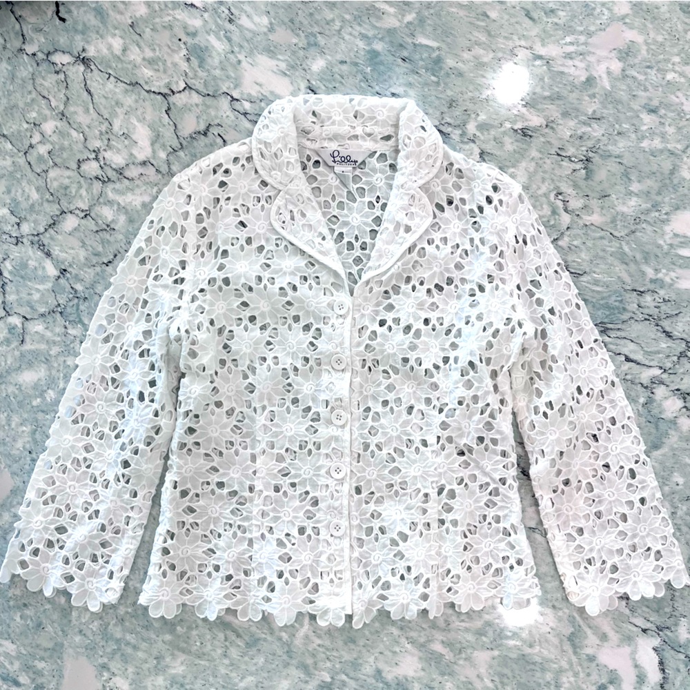 Lilly Pulitzer White Lacy Button Down Jacket Blazer or Top size 4